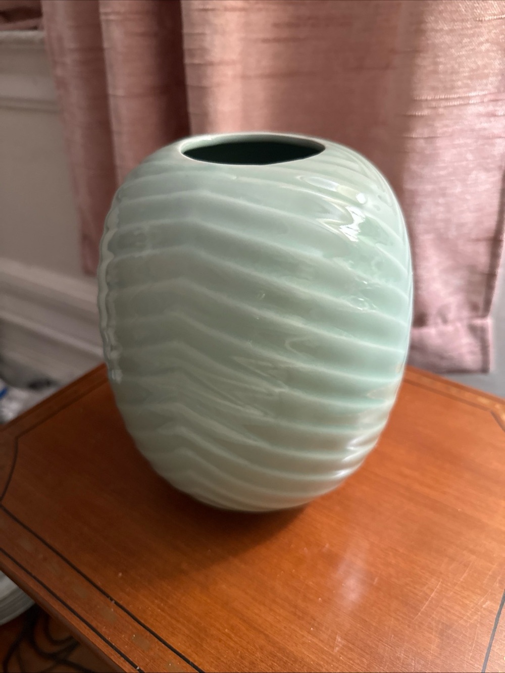 Vintage Celadon Green Chinese Ceramic Chevron Vase 8”